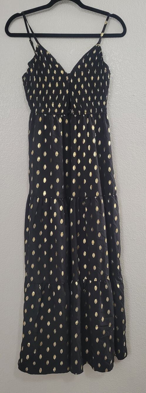 Women's Black Gold Metallic Polka Dot Smocked Cami Midi Dress Tiered Size S